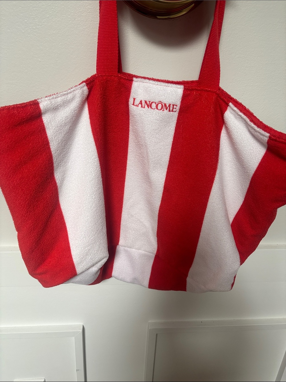 Lancôme red and white striped terry cloth beach bag
